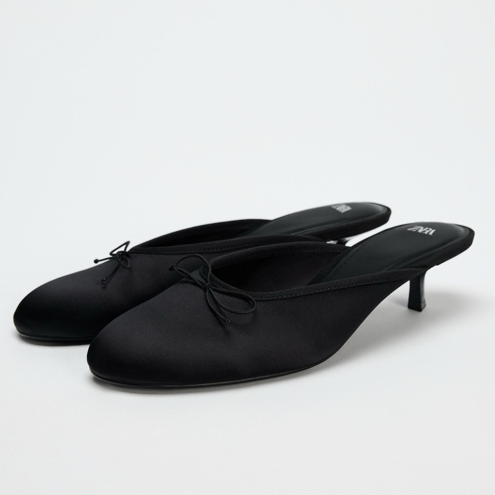 Zara Black Satin Kitten Heel Mules